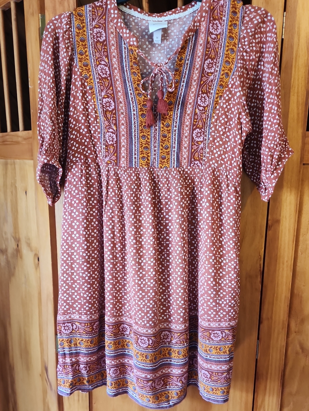 Knox Rose Rust and White Boho Tassel Tie Dress